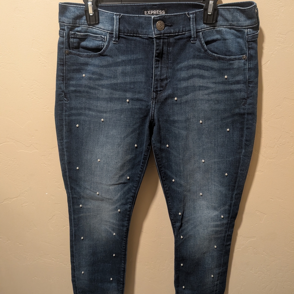 EUC Woman's Express Indigo Dark Wash Mid Rise Jeans with pearl accents Size 12